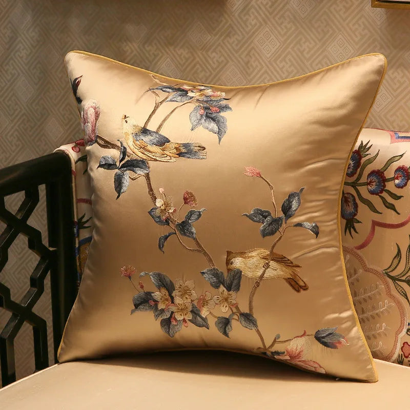 Chinese Style Rose Pattern Silk Cushion Cover Chinese Style Coffee Lack Blue Pillowcases Luxury Birds Flowers Pillow Cover